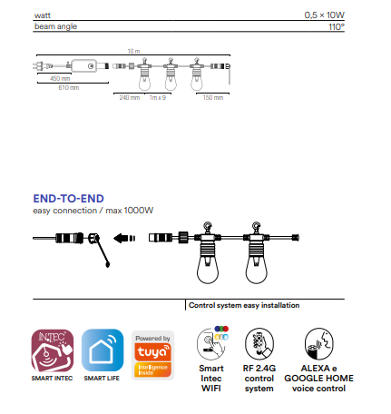 Stringa elettrificata a led per esterno IP65 con cavo in PVC con spina schuko e connettore modulabile 10 metri RGB+CCT 0.50X10W ALEXA-GOOGLE HOME PIC NIC Stringa elettrificata a led per esterno IP65 con cavo in PVC con spina schuko e connettore modulabile 10 metri RGB+CCT 0.50X10W ALEXA-GOOGLE HOME PIC NIC